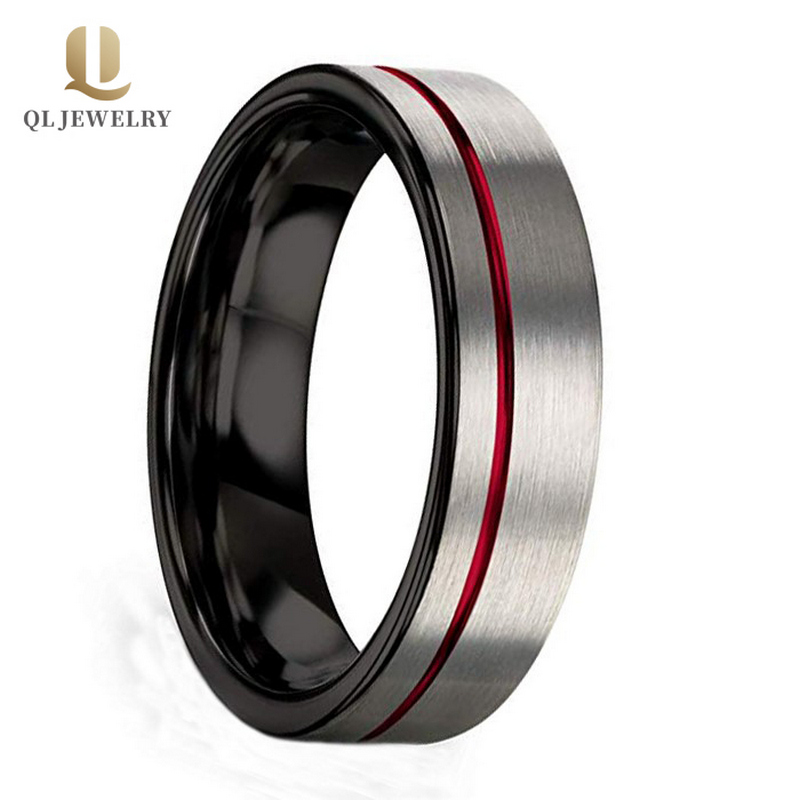 Bande de mariage de tungstène noire brossé de haute qualité de 6 mm avec un canal rouge de 1 mm sur le côté de la Chine fournisseur