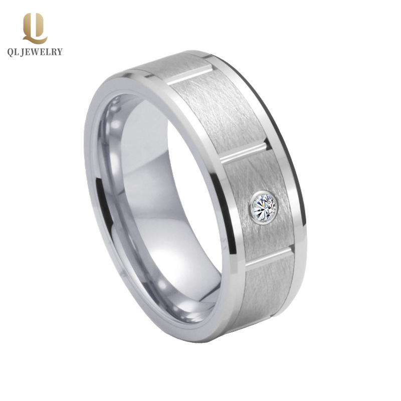 Popular 8mm Men\'s Flat and Beveled Edges Wire Brushed and Grooved Tungsten Wedding Bands with White CZ Stone China Supplier