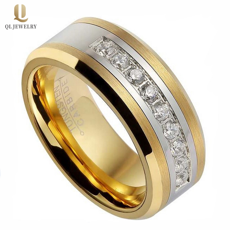 Hotsale 8mm Men\'s Wedding Bands Flat and Beveled Edges Gold Tungsten Ring with 9 CZ Stones China Manufacturer