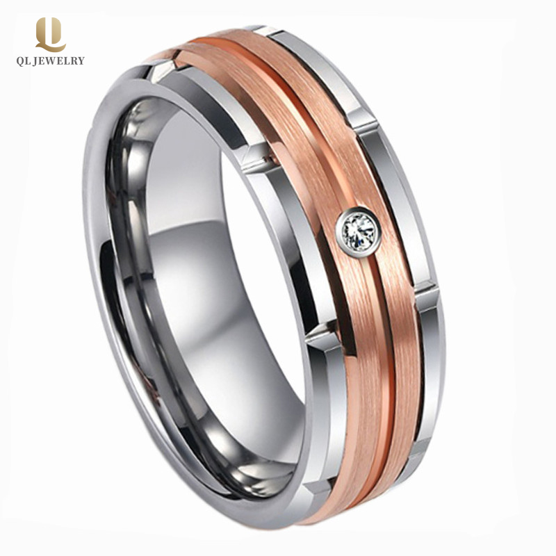 Erstaunliche Herren-Hochzeitsband-flache und abgeschrägte Kanten Rillen-Silber- und Rosengold-Wolfram-Hartmetall-Ring mit 1 weißer CZ China-Lieferant