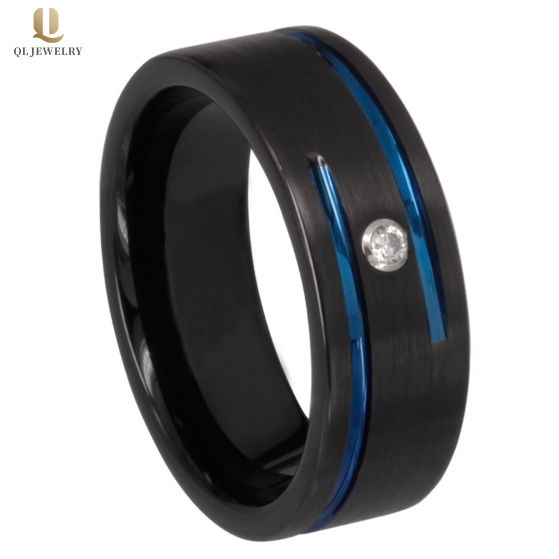 Bandes de mariage en satin de tungstène noir de 8mm de 8mm de 8mm avec rainure bleue et 1 fabricant blanc de la Chine CZ