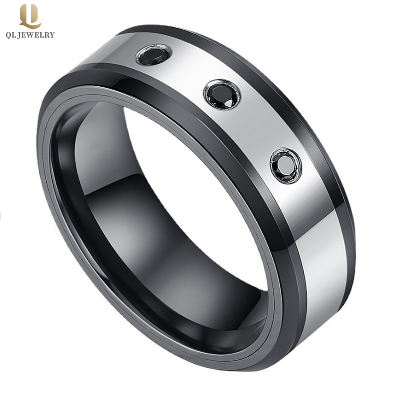 Popular 8mm Men\'s Wedding Bands Flat and Beveled Edges Black Ceramic and Silver Tungsten Ring with 3 Black CZ China Supplier
