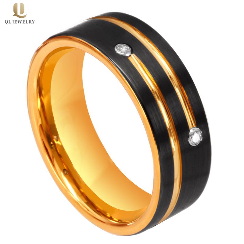 Popolare 8mm da uomo in raso piatto spazzolato e scanalato in carburo di tungsteno nero e oro bianco CZ Cina Produttore
