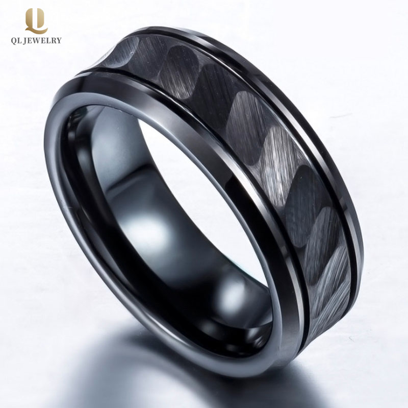 Popular Mens Hammered  Black Tungsten Ring 8mm Concave and Beveled Edges Tungsten Wedding Bands China Manufacturer