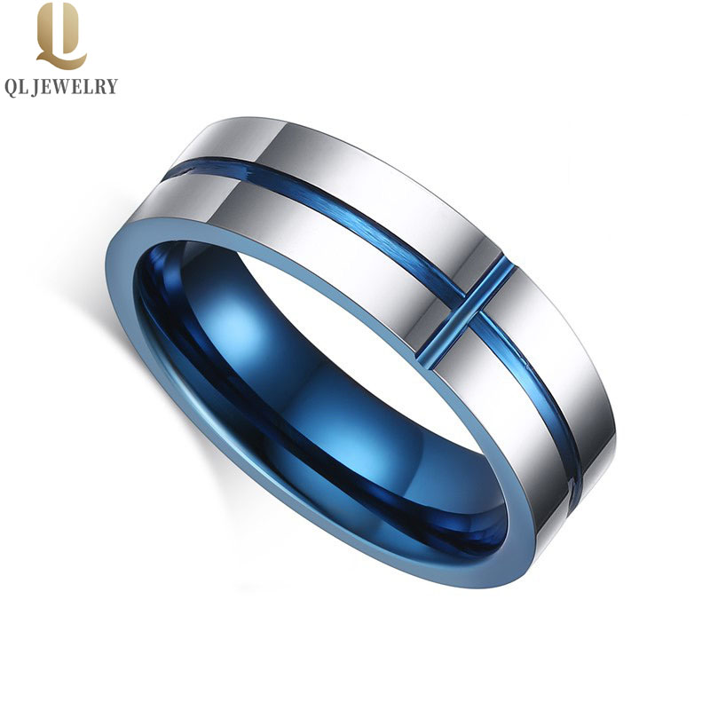 China Factory Wholesale 6mm Flat high polished blue and silver two tone Blue plating on inner side and cross groove tungsten carbide ring