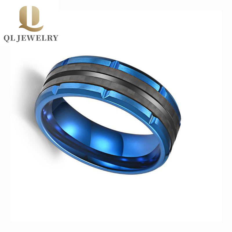 8mm Männer Blauer und schwarzer Wolframring mit schwarzer Kohlefaser Inlay Herren Hochzeitsbänder Kombinierter Komfort Fit Wolframring Kohlefaserring