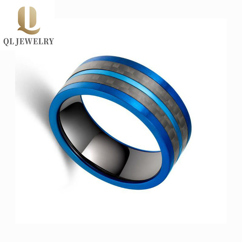 8mm Men\'s Blue and Black Tungsten Ring with Black Carbon Fiber inlay Men\'s Wedding Bands Combined Comfort Fit Two tone Tungsten ring Carbon fiber ring