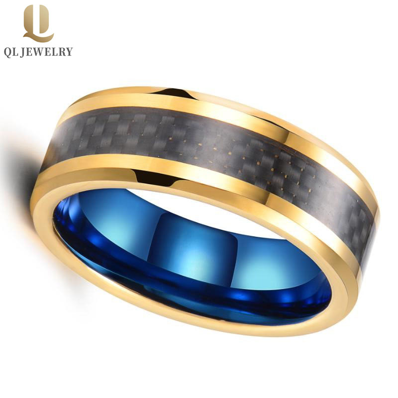 Erstaunlicher Komfort Fit Zwei getönte Gold- und Blaue Nut Wolframkarbid-Hochzeitsbänder mit schwarzer Kohlefaser-Inlay