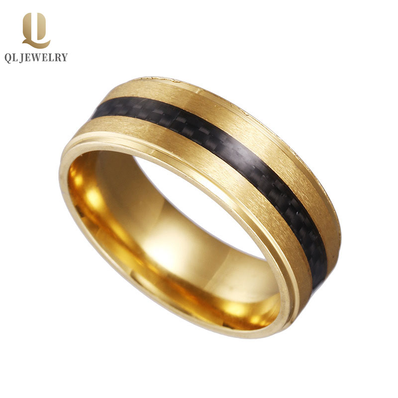 8mm Men\'s Gold Tungsten Carbon Fiber Ring Men\'s Wedding Bands Combined Comfort Fit Black Carbon Fiber Tungsten Ring