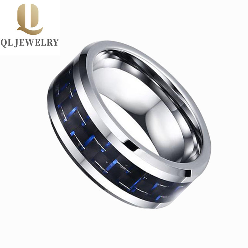 Heiße Verkäufe 8mm 6mm Wolframkarbidring mit blauem und schwarzem Kohlefaser Inlay China Wolfram Ring Hersteller Lieferant