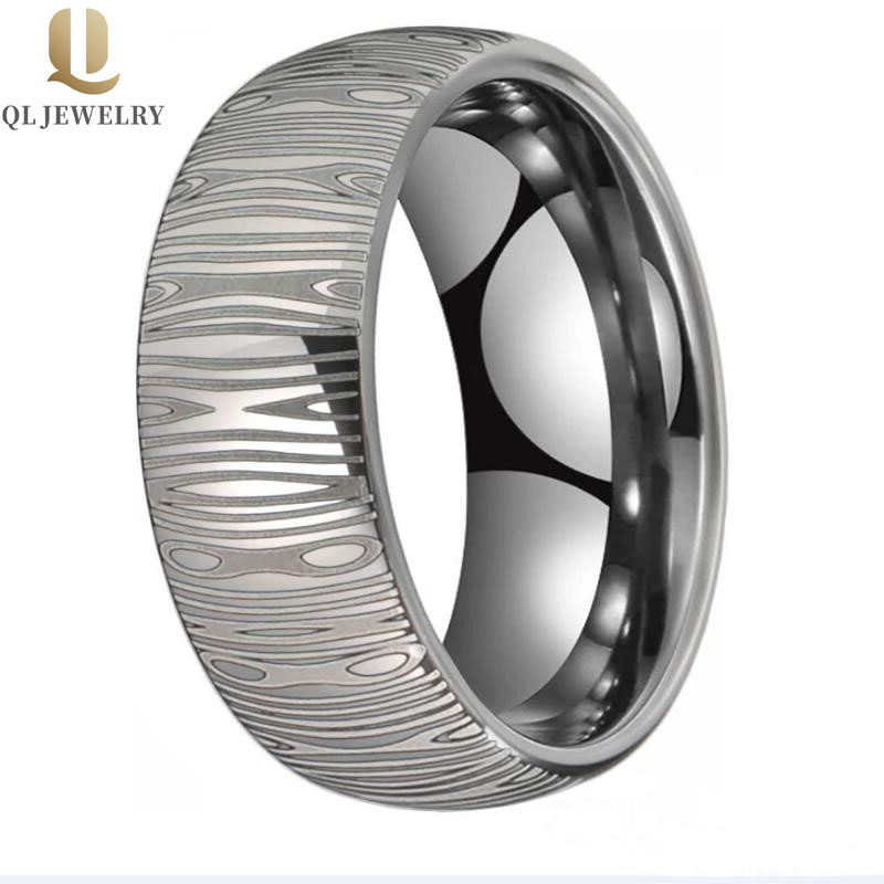 Men\'s Tungsten Wedding Band  Tungsten Carbide Ring with Damascus pattern engraving finished