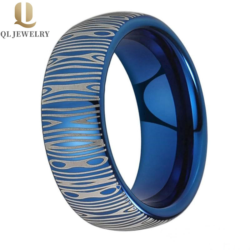 Custom Style Men\'s Tungsten Wedding Band Blue Tungsten Carbide Ring with Damascus pattern engraving finished