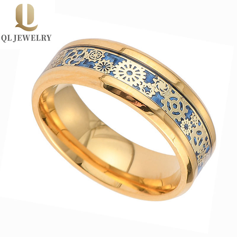 Fashion and Popular 8mm Men\'s Flat High polished Gold Tungsten Carbide Ring Satin Blue Carbon Fiber and Gold Gear inlay China Factory