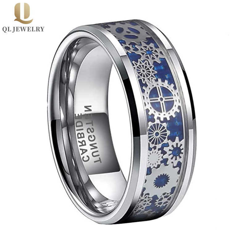 Anello di carburo di tungsteno alto 8mm da uomo ad 8mm anello in carburo di tungsteno in fibra di carbonio in fibra di carbonio e ingranaggi in argento Inlay inlay produttore