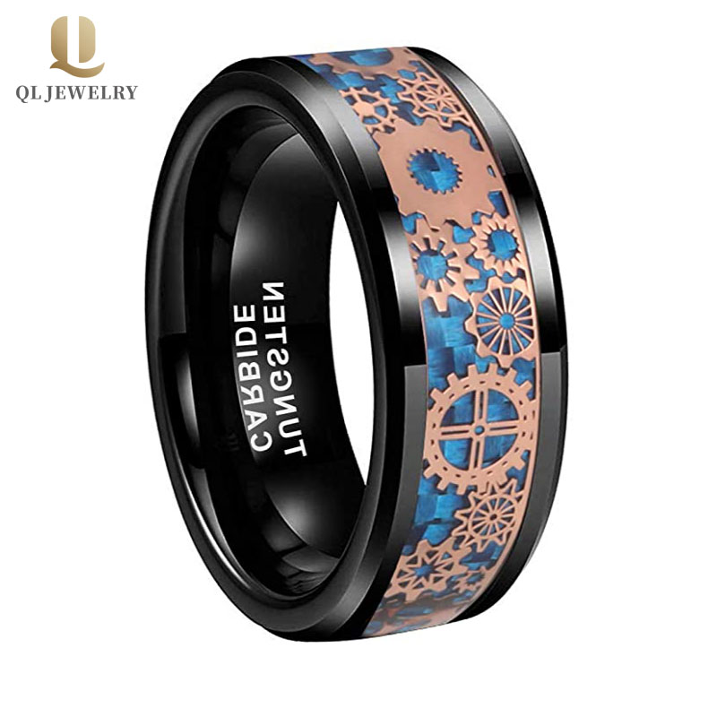 Fashion et populaire 8mm Élément plate Bague en carbure de tungstène noir poli en carbure de carbone en satin et en or rose Gear inlay Fournisseur