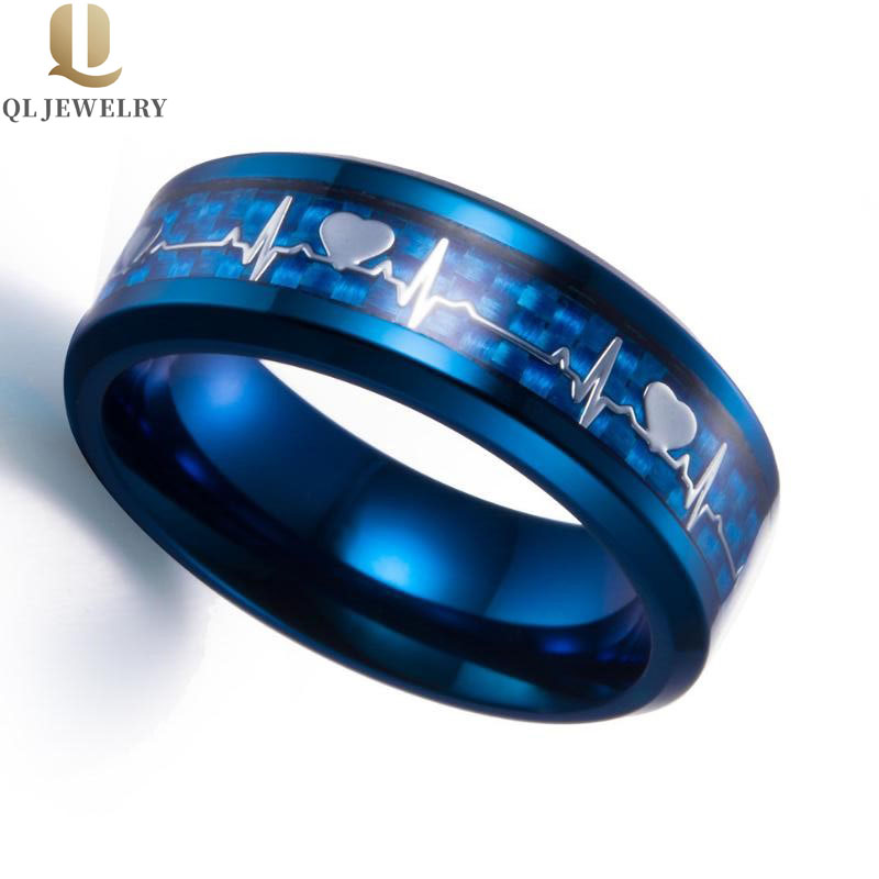 Fashion e popolare 8mm Uomo Blue Blue Tungsteno Anello in carburo di carburo di tungsteno Blue Fibra di carbonio e argento carobeat cardiaco Inlay China fabbrica