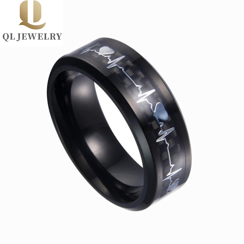 Bague de carbure de tungstène noir de ventes chaudes avec bords biseautés en fibre de carbone noir et d\'argent Beat Inlay Prix bas prix Chine Tungsten Ring Fabricant