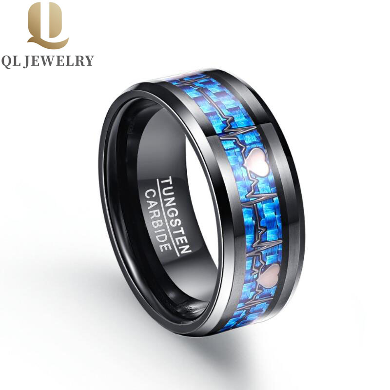 Nouveaux ventes chaudes 8mm Heartbeat Bague de tungstène Noir Bague en carbure de carbone Bleu Fibre de carbone et Inlaye de coeur noir Chine fournisseur