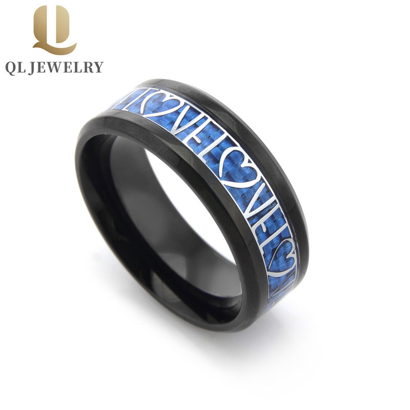 NEW hot sales 8mm LOVER Heart Black Tungsten Carbide Ring Blue Carbon Fiber and silver LOVE and Heart inlay China Tungsten Ring Supplier