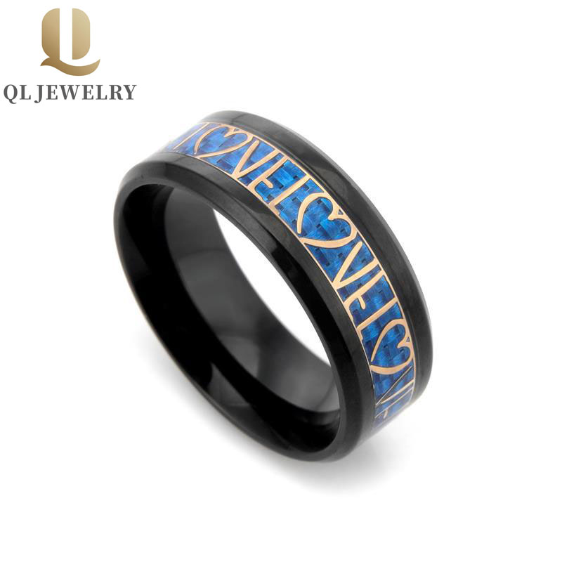 Nouveaux ventes chaudes 8mm Couple Couple Tungstène Bague Noir Tungstène Bague en carbure Bleu Fibre de carbone et Rose Gold Love et Inlay Heart Inlay Chine Bague Tungsten Fournisseur