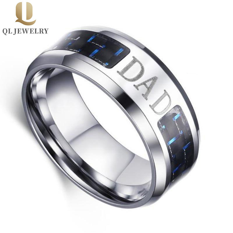 Papa Tungsten Bague Cadeau Tungstène Bague en carbure de tungstène Bleu et Noir Inlay de fibre de carbone avec gravure personnalisée Fournisseur de Jour Chine Tungsten Ring Fournisseur