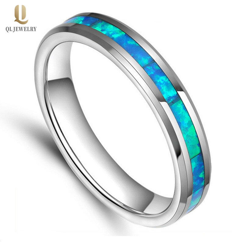 Popular 4mm High Polished Beveled Edges Solid Opal inlay Tungsten Wedding Band Women\'s Opal Tungsten Carbide Ring China Factory