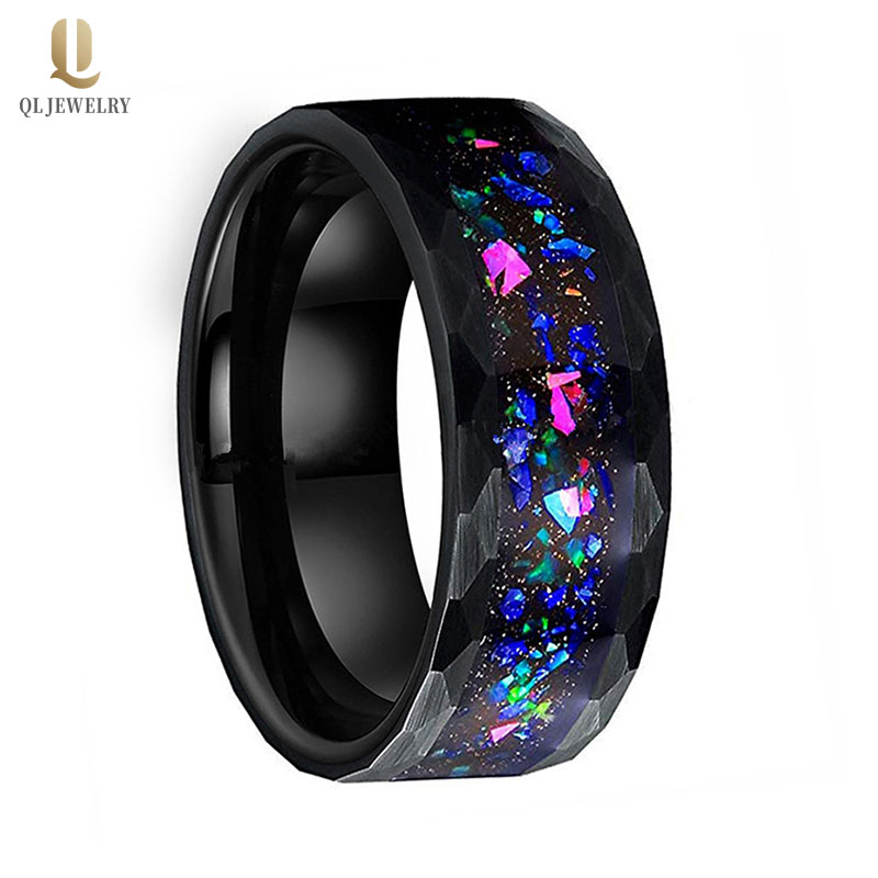 Bague en carbure de tungstène brossé et facettes de 8mm de large et à facettes avec inlay opale coloré Chine Bague de tungsten Fabricant usine