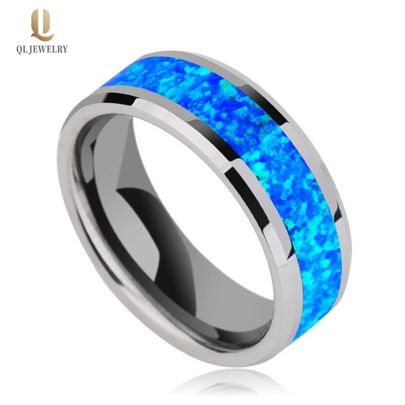 Bandes biseautées biseautées de 8 mm populaires de 8mm Solide Opal Inlay Tungstène Bande de mariage Opal Tungstène Carbide Ring China Factory