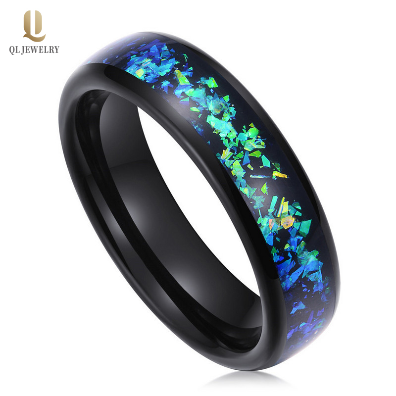 High Quality 6mm High Polished Domed Opal Inlay Black Tungsten Wedding Band Black Tungsten Opal Ring China Factory