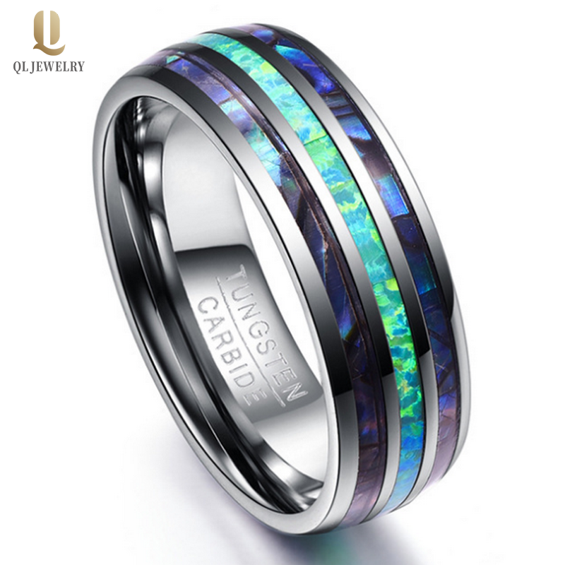 Most Popular 8mm High Polished Domed Opal and Shell inlay Black Tungsten Wedding Band Opal Tungsten Ring Shell Tungsten Ring China Factory