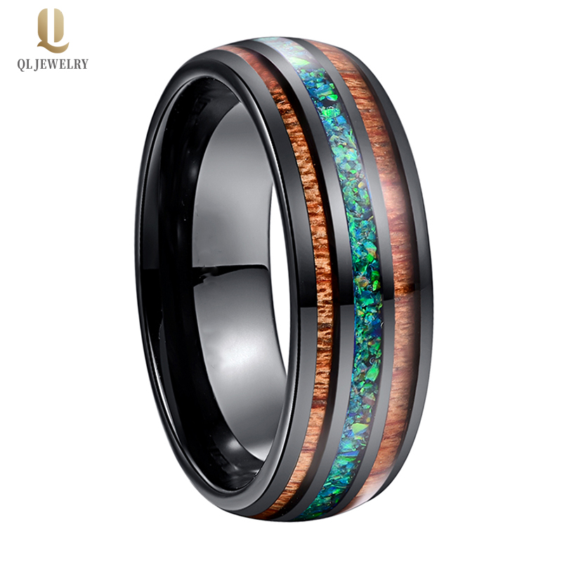 Amazing 8mm High Polished Domed Opal and Wood inlay Black Tungsten Wedding Band Opal Tungsten Ring Wood Tungsten Ring China Factory
