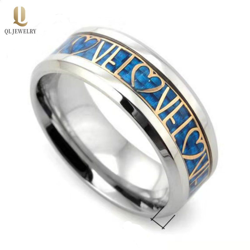 Custom Couple\'s Tungsten Ring Regular Tungsten Carbide Ring Blue Carbon Fiber and Yellow Gold LOVE and Heart inlay China Tungsten Ring Supplier