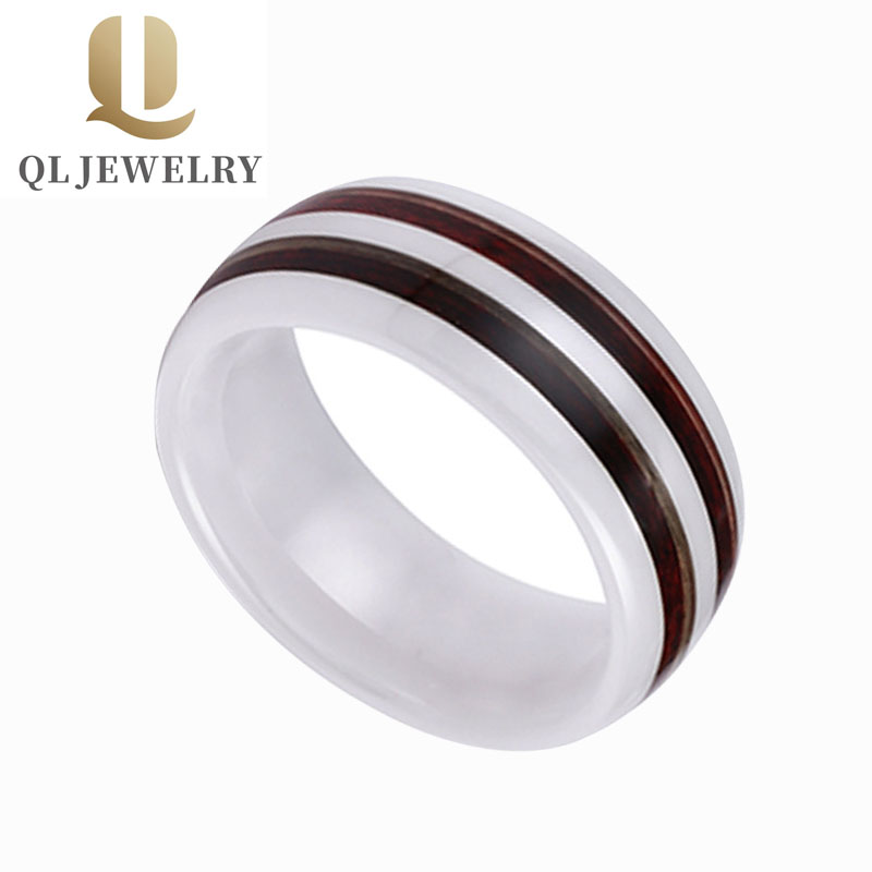 Two styles Different Wood inlay  White Ceramic Ring Mens Ceramic Wedding Bands Fashion Ceramic Ring China supplier/factory