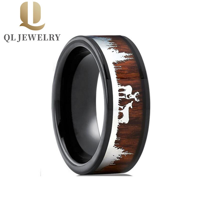 Bague en céramique noire personnalisée High Poli Koa Bois et bois de forêt Bandes de mariage en céramique Wolf Fashion Plain Céramique Bague Fabricant