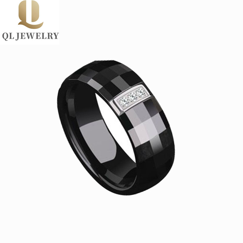 8mm Faceted Black Ceramic Ring high polished and CZ inlay Mens Ceramic Wedding Bands Fashion Plain Ceramic Ring China Manufacturer