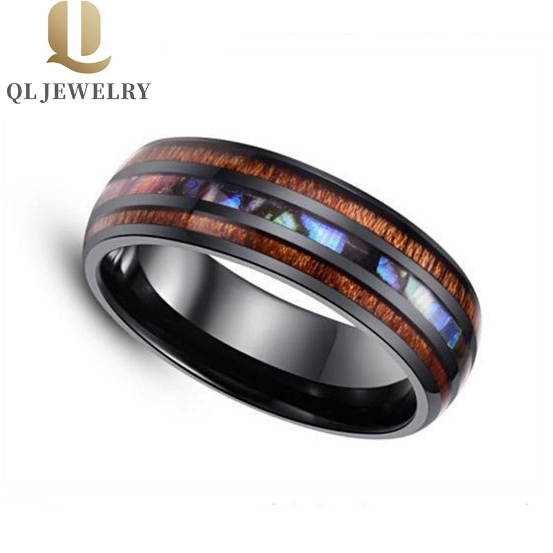 Black Ceramic Ring high polished  with Koa Wood and Abalone Shell inlay Ceramic Wedding Bands Fashion Domed Ceramic Ring China Manufacturer