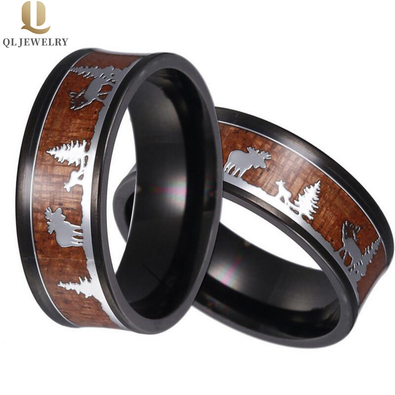 Custom Black Ceramic Anello in ceramica ad alta lucidata Koa e foresta Animale selvatico Ceramica fasce di nozze Moda Pianura in ceramica Anello Cina Produttore