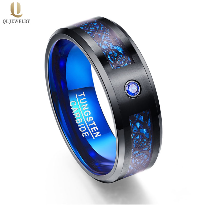 Bague de carbure de tungstène noire de carbone noir incroyable noire et bleu de carbone avec bande en aluminium bleu intérieur avec fabricant de CZ Stone Chine