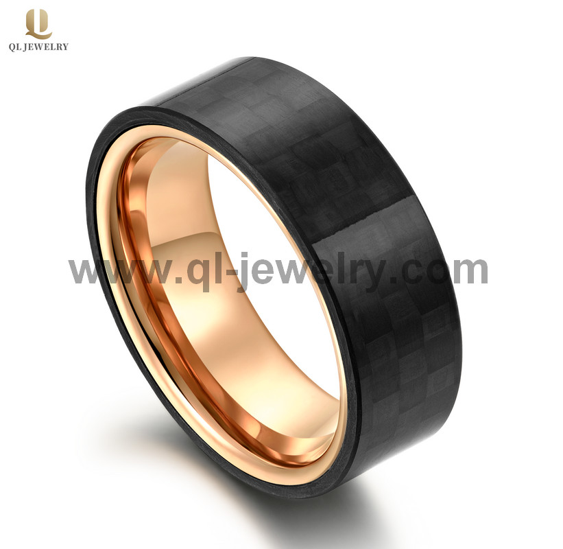 High Quality Popular 8mm Flat Rose Gold Tungsten and Solid Forged Black Carbon Fiber Wedding Bands Black Carbon Fiber Ring China Manufacturer