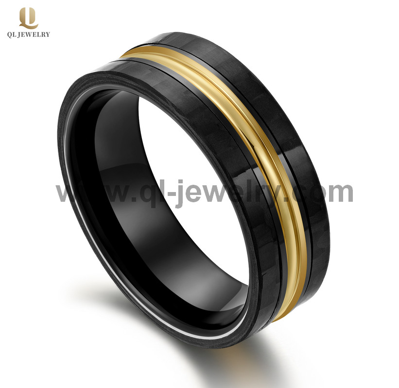 Cool Style 8mm Men\'s Wedding Band Black Forged Carbon Fiber Wedding Band with Gold Tungsten Center and Black Tungsten Inner China Factory