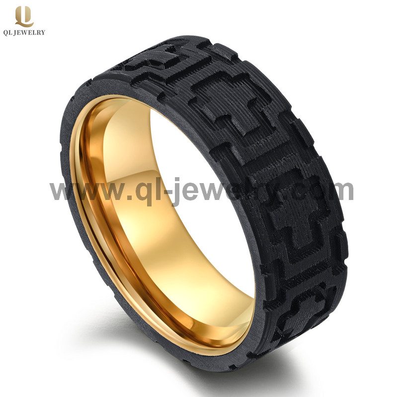Haute Qualité Populaire 8mm Flat Rose Tungstène en or et solide Forged Black Fibre de carbone Bands de mariage Cross Motif Fabricant de Chine