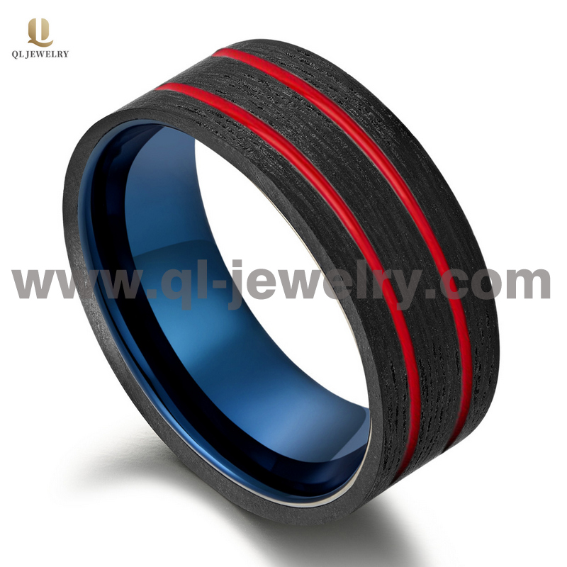 High Quality 8mm Men\'s Black Carbon Fiber and Blue Tungsten Carbide Wedding Band with Red Lines China Manufacturer
