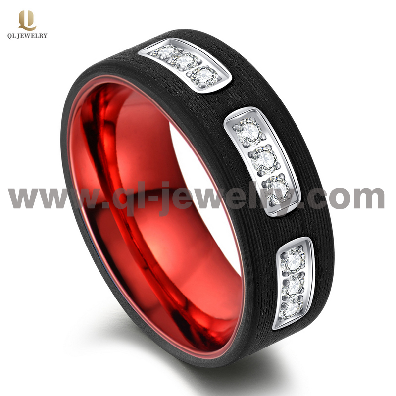 Newest Design Wholesale 8mm Men\'s Black  Forged Carbon Fiber and Red Aluminum Wedding Band with White CZ Stones