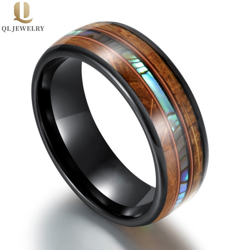 Incroyable 8mm Bandes de mariage en carbure de tungstène noirs en forme de tungstène de tungstène en bombe noire avec coquille d\'Abalone et centre d\'inlaye bois rose Guitar String Chine Fabricant