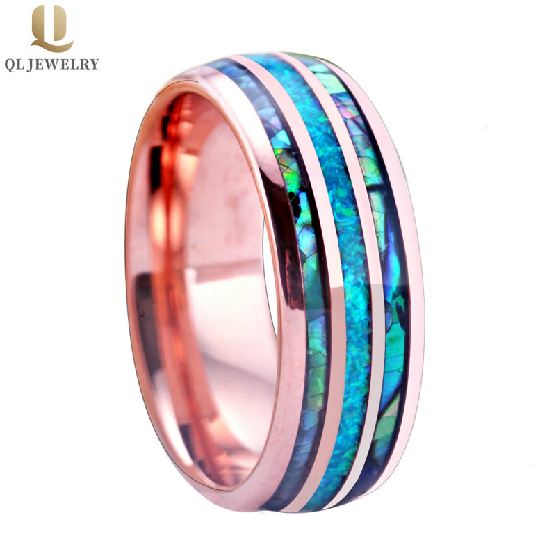 Beliebteste 8mm hoch polierte gewölbte opal und abalone shell inlay rose gold wolframs edler band opal wolkenring shell wolfram ring china fabrik