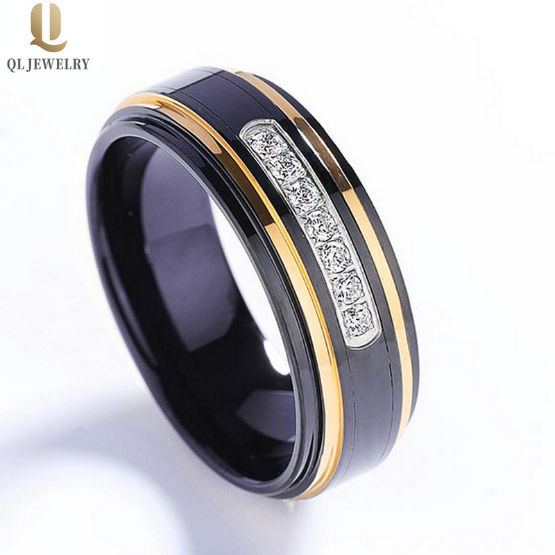 Amazing Due uomini Tonalità Tungsteno Band da sposa Tungsteno Black Tungsteno Anello di carburo d\'oro Step Bordi con 7 Pietre CZ bianche Porcellana fornitore
