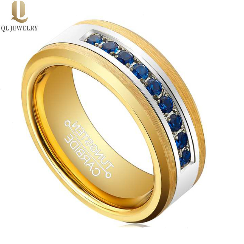 Hotsale 8mm Men\'s Wedding Bands Flat and Beveled Edges Gold Tungsten Ring with 9 Blue CZ Stones China Manufacturer