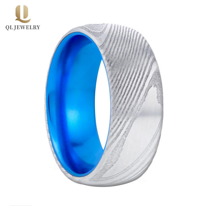 Einzigartige stil männer hochzeitsbands 8mm gewölbt damaskus stahl ring mit blauem aluminium inneren band china hersteller