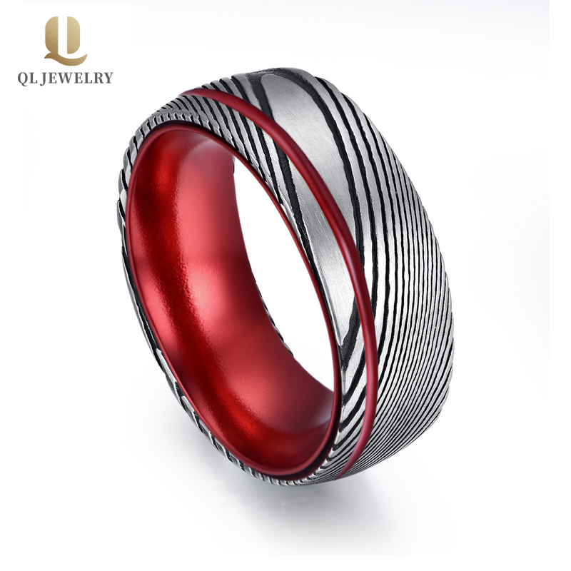 Unique Style Men\'s Wedding Bands 8mm Domed Black Damascus Steel Ring with Red Aluminum Inner Band China Supplier