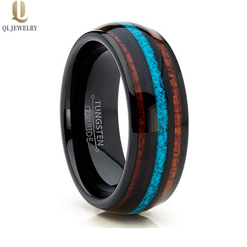Bandes de mariage en carbure de tungstène noir de 8 mm de hauteur de 8mm de hauteur de 8 mm avec coquille turquoise et injoune bois fabricant de Chine